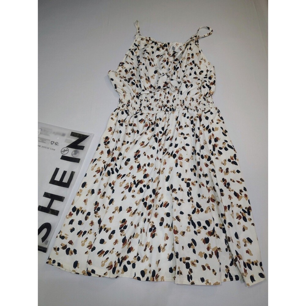 NEW Shein Cream Brown Black Spotted High Neck Tie Dress Sz 8/10 Ruched Waist
